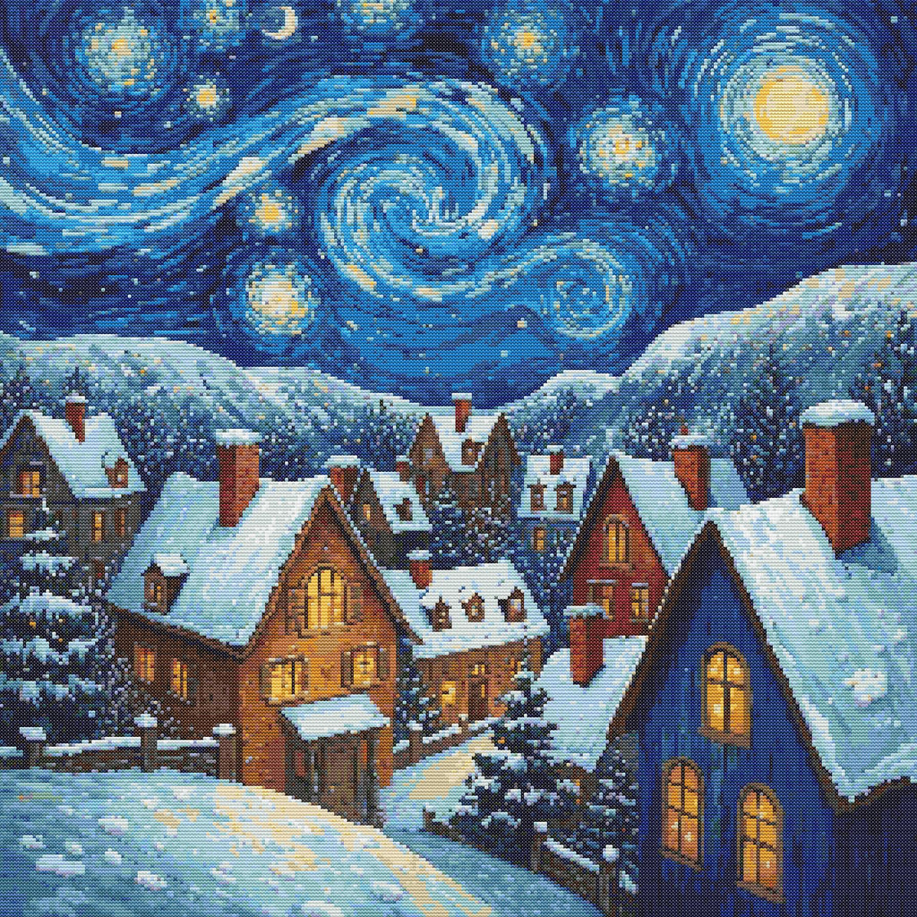 A Van Gogh Christmas | Cross-Stitch Pattern (PDF) | Starry Winter Village with Snow-Covered Cottages & Swirling Night Sky | 280 × 280 Stitches | DMC & Anchor Floss Key