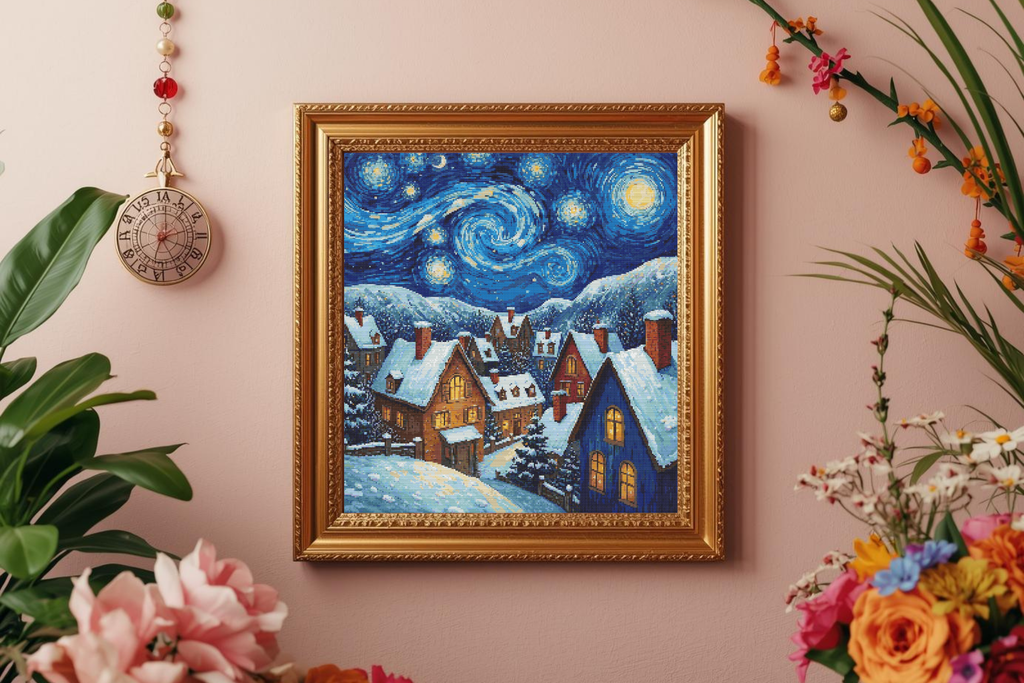 A Van Gogh Christmas | Cross-Stitch Pattern (PDF) | Starry Winter Village with Snow-Covered Cottages & Swirling Night Sky | 280 × 280 Stitches | DMC & Anchor Floss Key