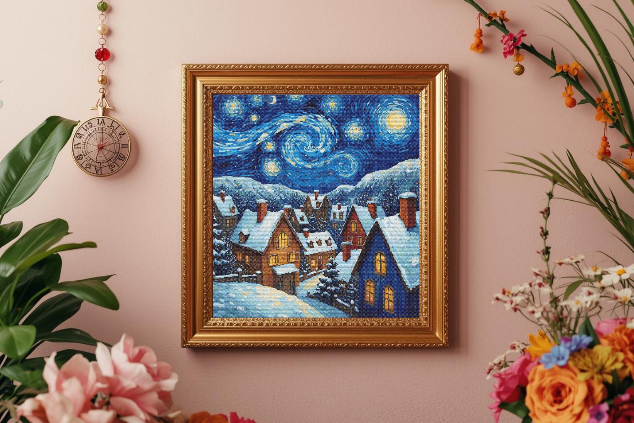 A Van Gogh Christmas | Cross-Stitch Pattern (PDF) | Starry Winter Village with Snow-Covered Cottages & Swirling Night Sky | 280 × 280 Stitches | DMC & Anchor Floss Key