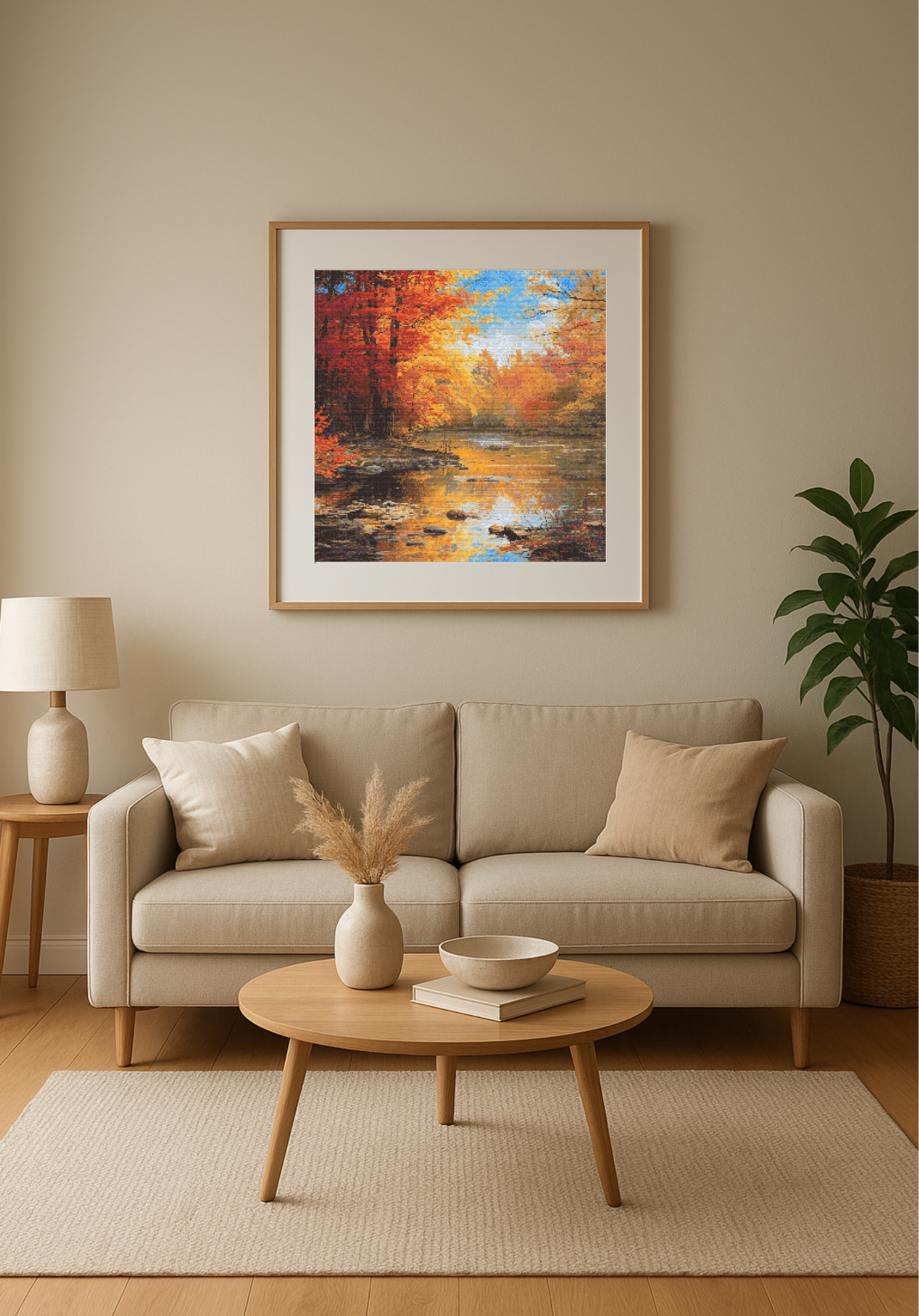 Autumn Whispers by the River | Cross-Stitch Pattern (PDF) | Tranquil Fall Landscape with Glowing Trees & Gentle Reflections | 250 × 250 Stitches | DMC & Anchor Floss Key