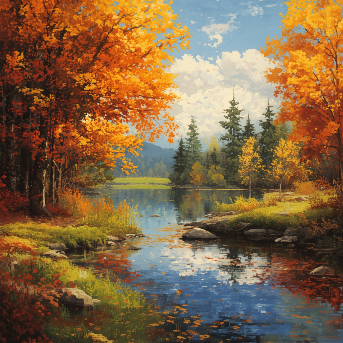 Golden Reflections of Autumn | Cross-Stitch Pattern (PDF) | Serene Fall Landscape with Forest Lake & Fiery Foliage | 250 × 250 Stitches | DMC & Anchor Floss Key