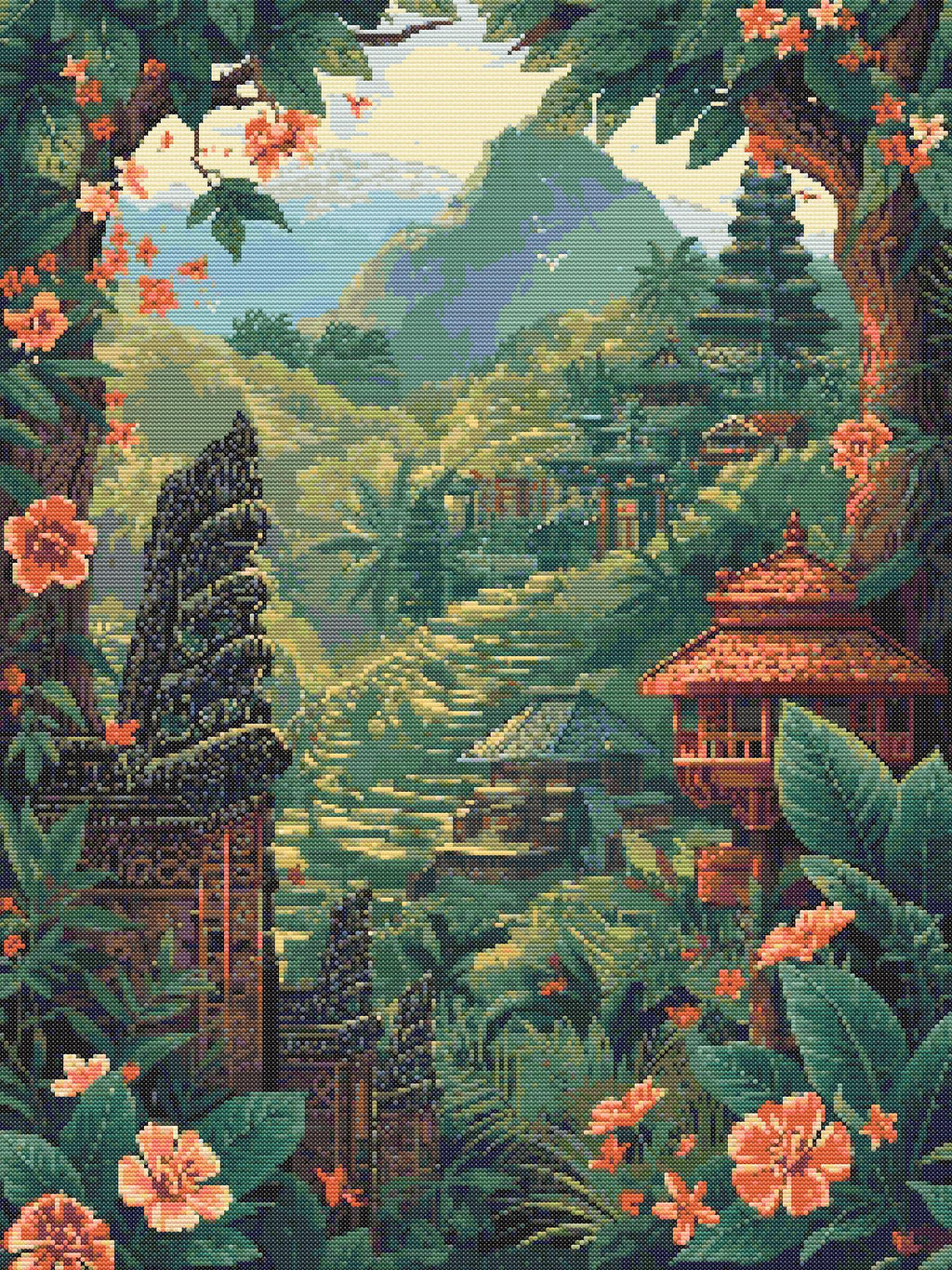 Bali Serenity | Cross-Stitch Pattern PDF | Tropical Landscape Embroidery | Temples & Rice Terraces | 225×300 Stitches | DMC & Anchor Floss Key | Landscapes of Bali Series (1/2)