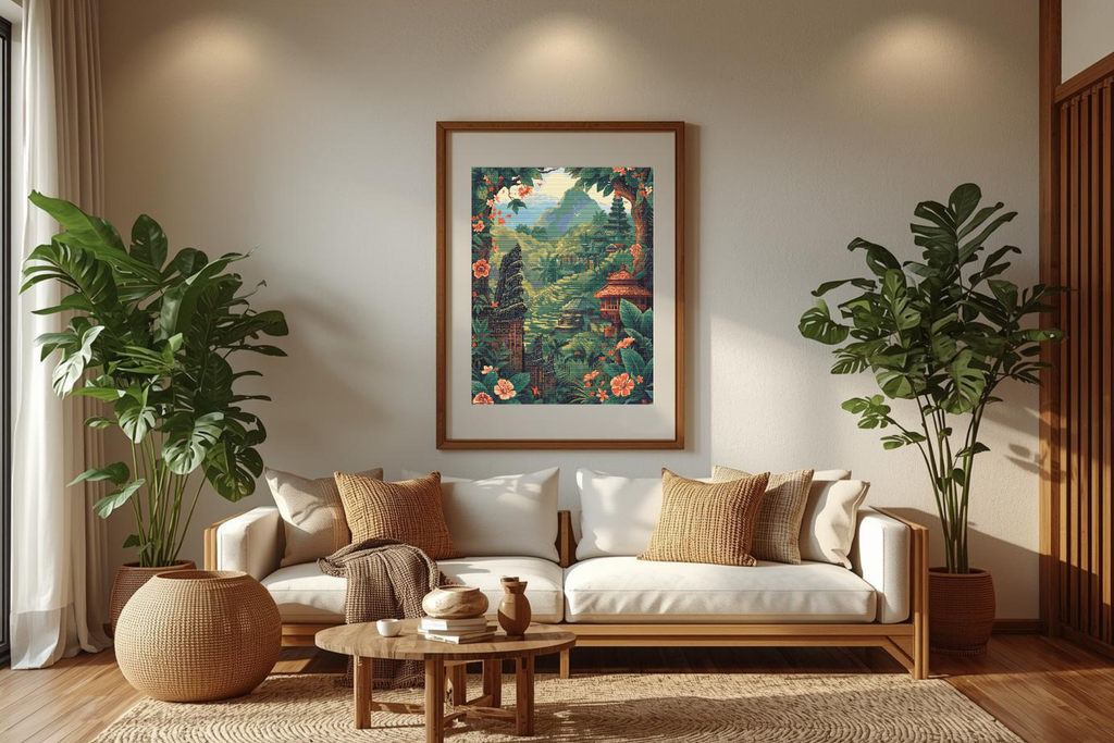 Bali Serenity | Cross-Stitch Pattern PDF | Tropical Landscape Embroidery | Temples & Rice Terraces | 225×300 Stitches | DMC & Anchor Floss Key | Landscapes of Bali Series (1/2)