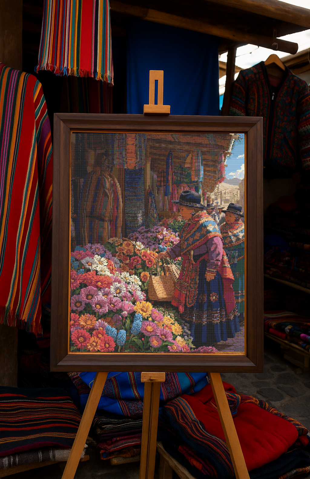 Bolivian Market Blooms | Cross-Stitch Pattern (PDF) | Andean Flower Market Scene (225 x 299 Stitches) | with DMC & Anchor Floss Key