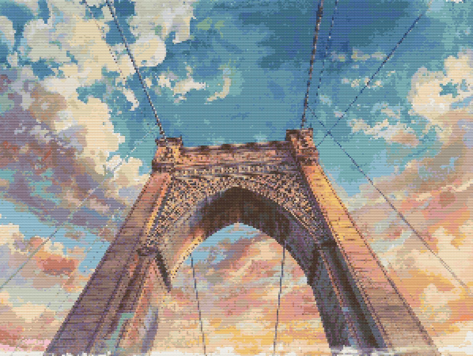 Brooklyn Bridge Skyward | Cross-Stitch Pattern PDF | Architectural Embroidery Art | New York Landmark | 299×225 Stitches | DMC & Anchor Floss | Bridges of the World Series