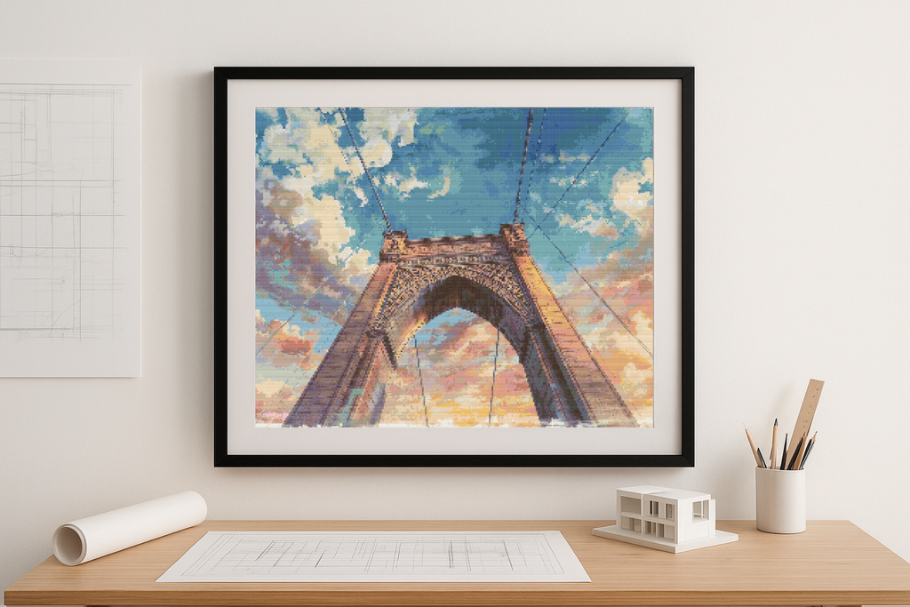 Brooklyn Bridge Skyward | Cross-Stitch Pattern PDF | Architectural Embroidery Art | New York Landmark | 299×225 Stitches | DMC & Anchor Floss | Bridges of the World Series