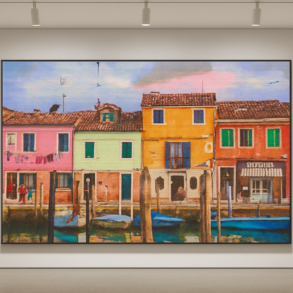 Colorful Houses of Burano – Cross Stitch Pattern PDF | Italian Canal Scene | Vibrant Waterfront Embroidery Design | Instant Digital Download