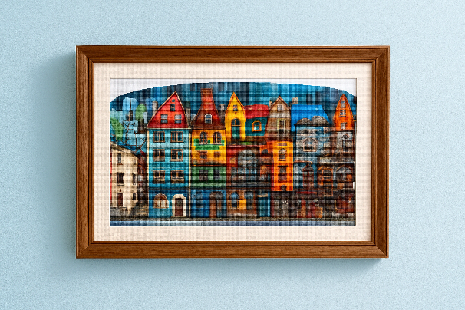 Colorful European Town Street Cross Stitch Pattern PDF | Modern Cityscape Needlepoint Design | Whimsical Houses Embroidery Chart | Instant Digital Download