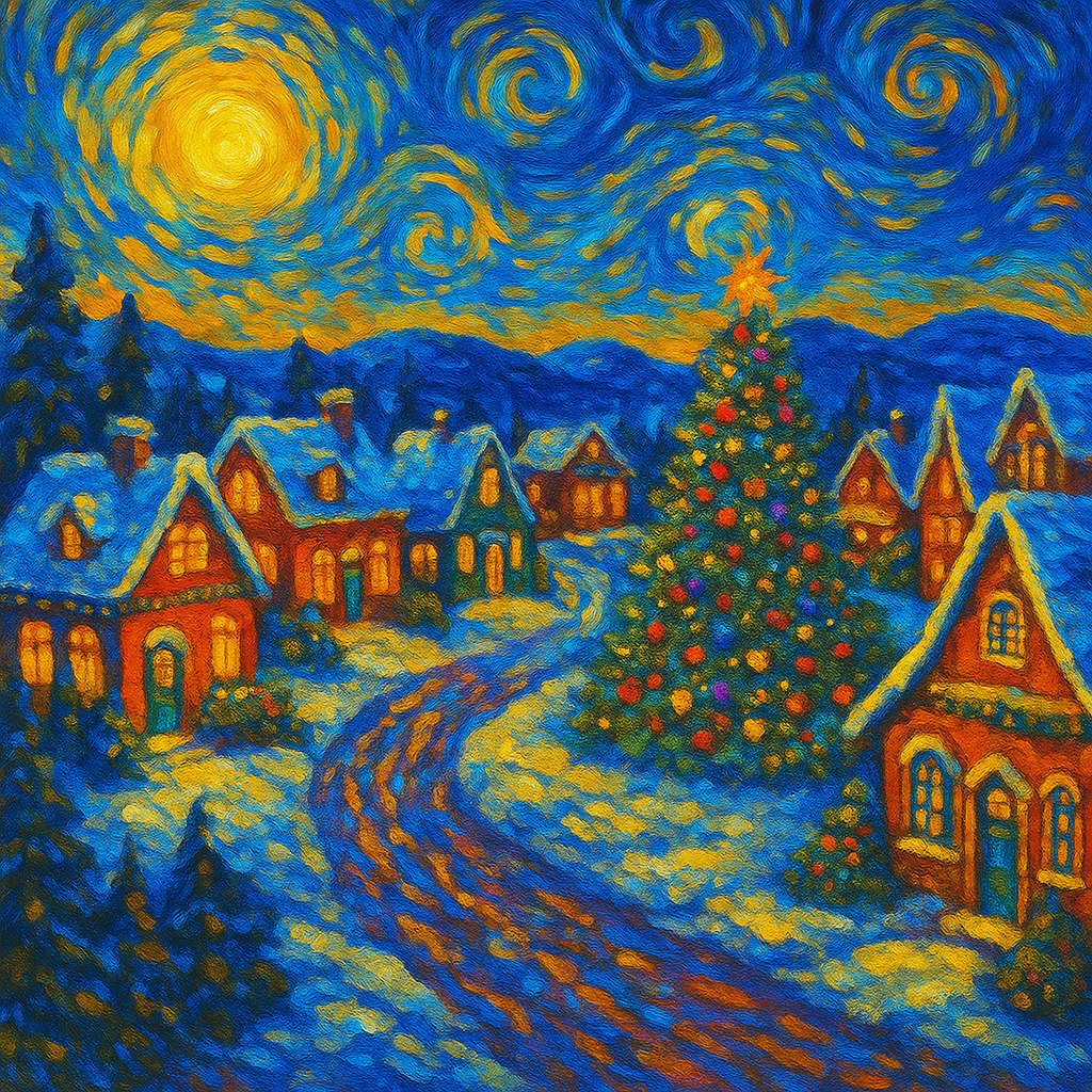 Starry Christmas Village – Van Gogh Style | Cross-Stitch Pattern (PDF) | Holiday Winter Night Embroidery Design (280 x 280 Stitches) | with DMC &amp; Anchor Floss Key