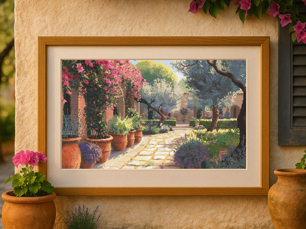 Courtyard of Blooming Tranquility | Cross-Stitch Pattern (PDF) | Sunlit Mediterranean Garden with Lavender, Olive Trees & Bougainvillea | 280 × 210 Stitches | DMC & Anchor Floss Key