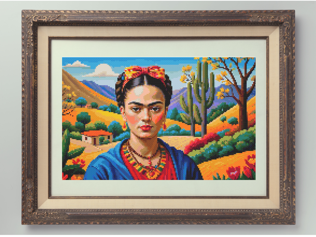 Frida Kahlo in Bloom – Colorful Mexican Portrait Cross-Stitch Pattern | Artistic Embroidery Design (200 x 114 Stitches) | DMC and ANCHOR conversion included