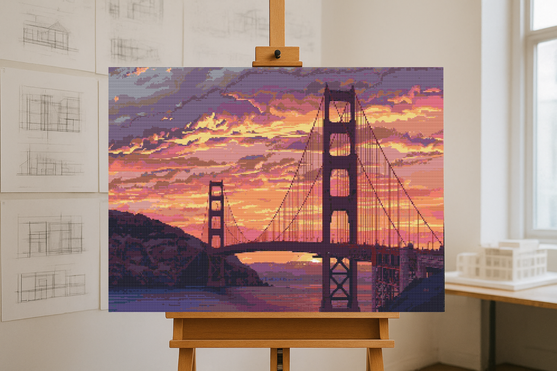 Golden Gate at Sunset | Cross-Stitch Pattern PDF | Iconic Bridge Embroidery Art | San Francisco Skyline | 299×225 Stitches | DMC & Anchor Floss | Bridges of the World Series