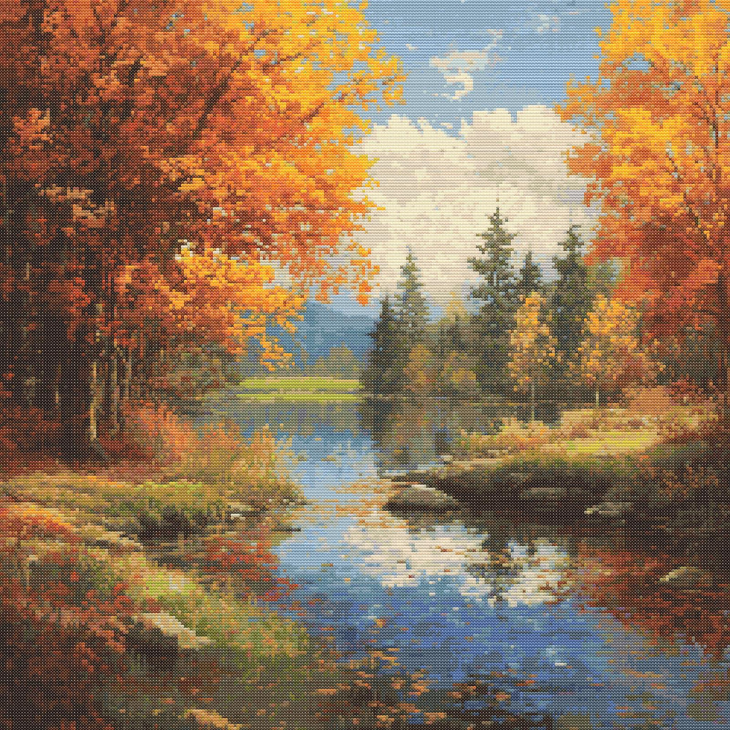 Golden Reflections of Autumn | Cross-Stitch Pattern (PDF) | Serene Fall Landscape with Forest Lake & Fiery Foliage | 250 × 250 Stitches | DMC & Anchor Floss Key