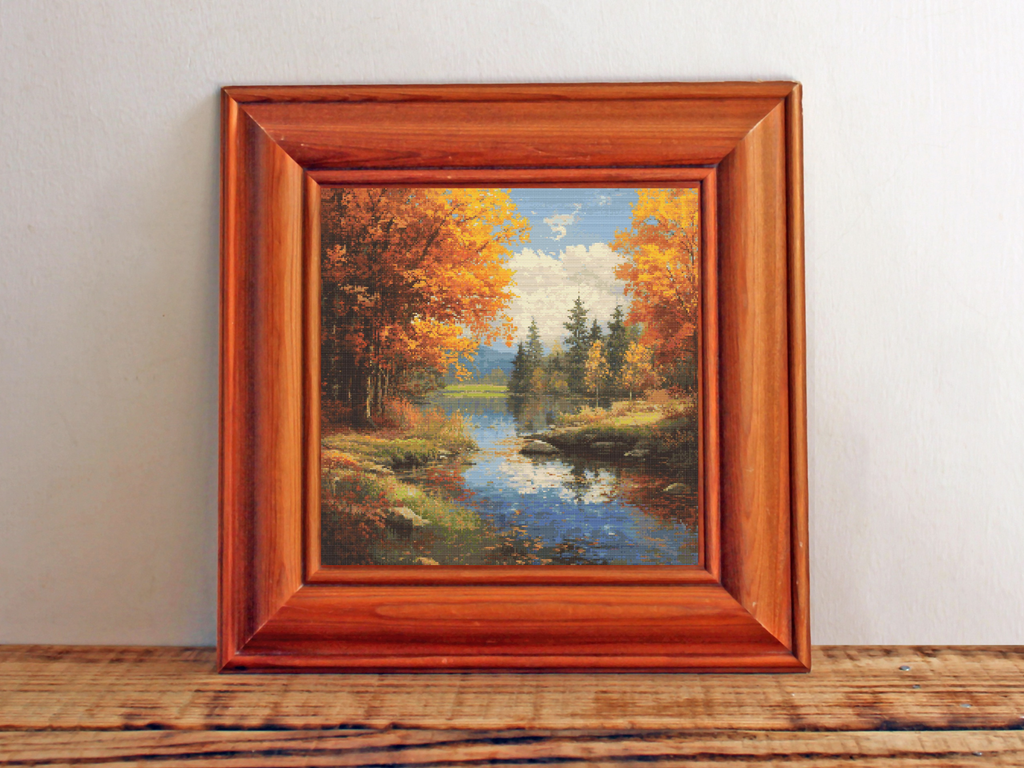 Golden Reflections of Autumn | Cross-Stitch Pattern (PDF) | Serene Fall Landscape with Forest Lake & Fiery Foliage | 250 × 250 Stitches | DMC & Anchor Floss Key
