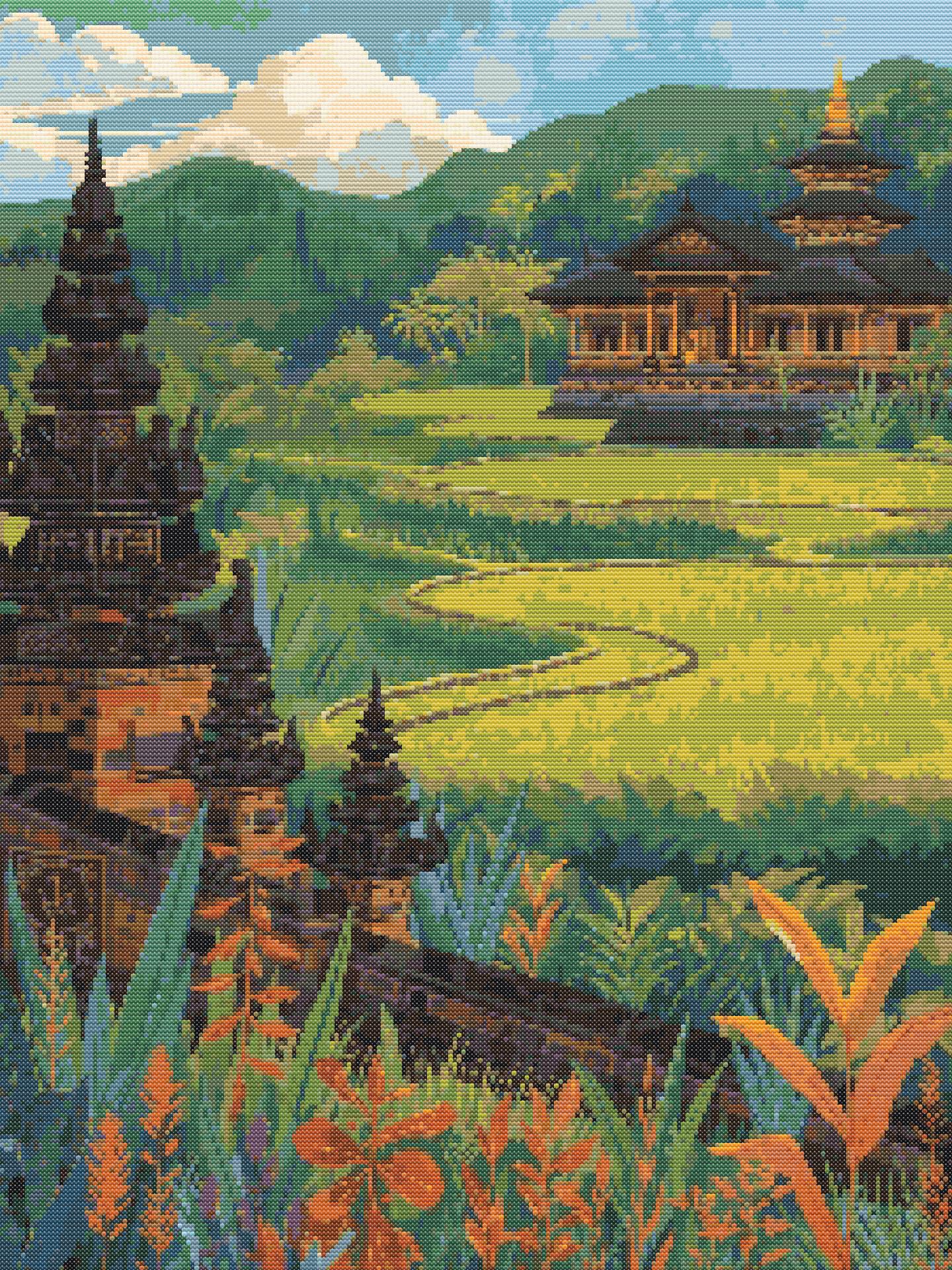 Golden Tranquility of Bali | Cross-Stitch Pattern PDF | Tropical Landscape Embroidery | Temple & Rice Fields | 225×300 Stitches | DMC & Anchor Floss Key | Landscapes of Bali Series (2/2)