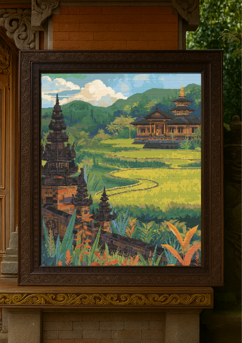 Golden Tranquility of Bali | Cross-Stitch Pattern PDF | Tropical Landscape Embroidery | Temple & Rice Fields | 225×300 Stitches | DMC & Anchor Floss Key | Landscapes of Bali Series (2/2)