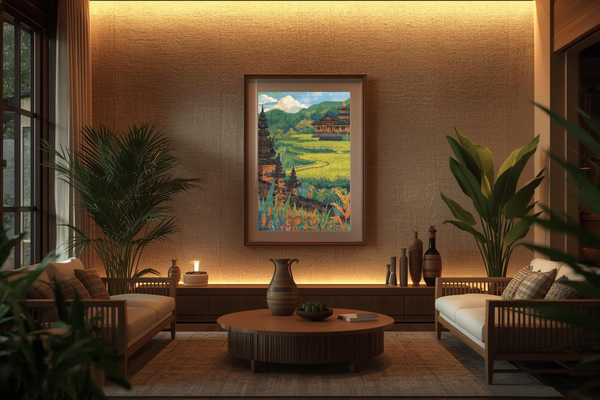 Golden Tranquility of Bali | Cross-Stitch Pattern PDF | Tropical Landscape Embroidery | Temple & Rice Fields | 225×300 Stitches | DMC & Anchor Floss Key | Landscapes of Bali Series (2/2)