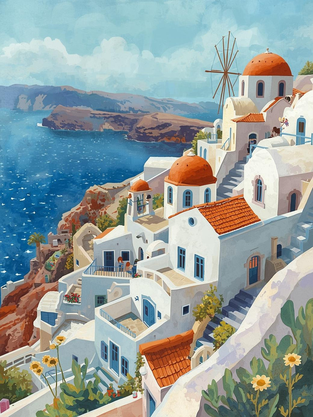 Santorini Serenity | Cross-Stitch Pattern (PDF) | Cliffside Whitewashed Homes & Aegean Sea View – Inspired by the Beauty of Santorini (220 × 293 Stitches) | with DMC & Anchor Floss Key