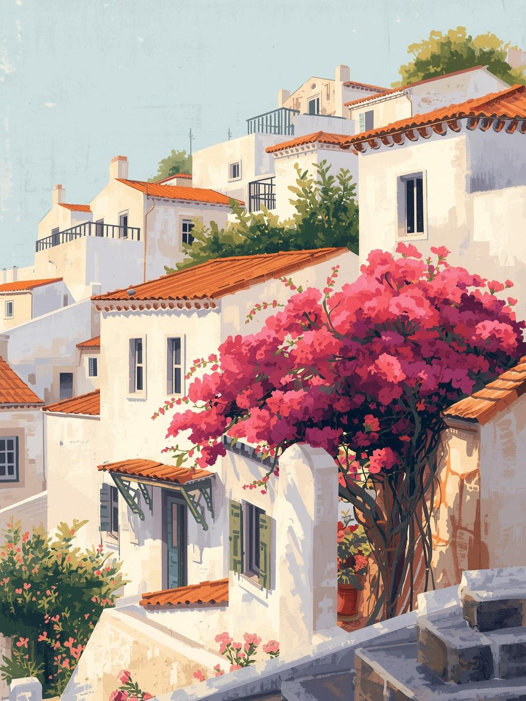 Mediterranean Blooming Houses | Cross-Stitch Pattern (PDF) | Sunlit Seaside Homes & Bougainvillea in Full Bloom – Inspired by the Beauty of the Mediterranean Coast (220 × 293 Stitches) | with DMC & Anchor Floss Key