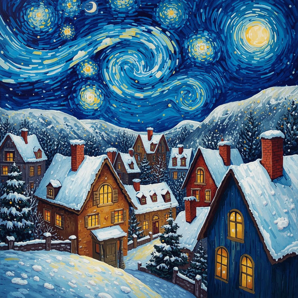 A Van Gogh Christmas | Cross-Stitch Pattern (PDF) | Starry Winter Village with Snow-Covered Cottages & Swirling Night Sky | 280 × 280 Stitches | DMC & Anchor Floss Key