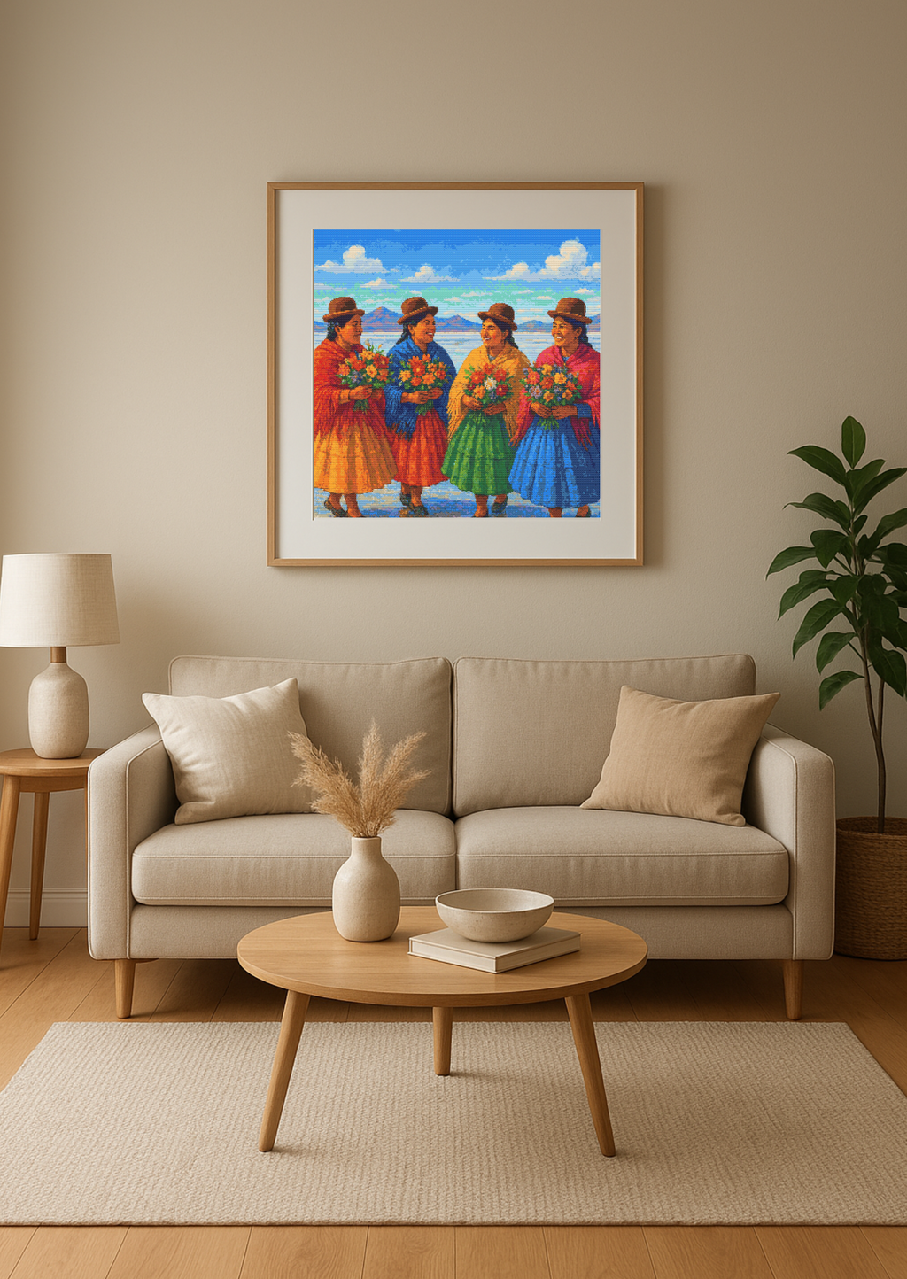 Joy of the Altiplano | Cross-Stitch Pattern (PDF) | Aymara Women with Flowers on the Bolivian Salt Flats (290 × 290 Stitches) | with DMC & Anchor Floss Key