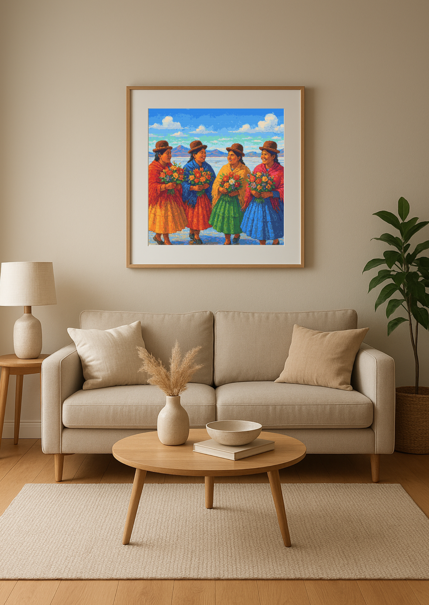 Joy of the Altiplano | Cross-Stitch Pattern (PDF) | Aymara Women with Flowers on the Bolivian Salt Flats (290 × 290 Stitches) | with DMC & Anchor Floss Key