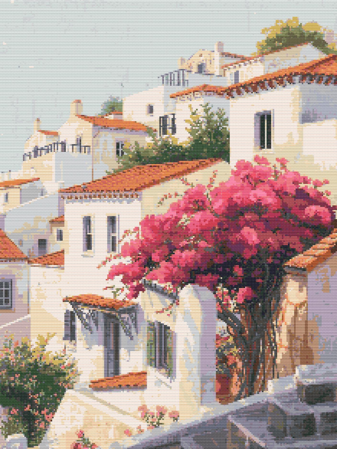 Mediterranean Blooming Houses | Cross-Stitch Pattern (PDF) | Sunlit Seaside Homes & Bougainvillea in Full Bloom – Inspired by the Beauty of the Mediterranean Coast (220 × 293 Stitches) | with DMC & Anchor Floss Key