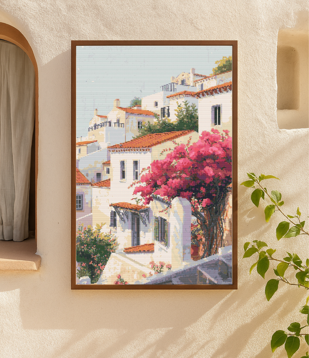 Mediterranean Blooming Houses | Cross-Stitch Pattern (PDF) | Sunlit Seaside Homes & Bougainvillea in Full Bloom – Inspired by the Beauty of the Mediterranean Coast (220 × 293 Stitches) | with DMC & Anchor Floss Key