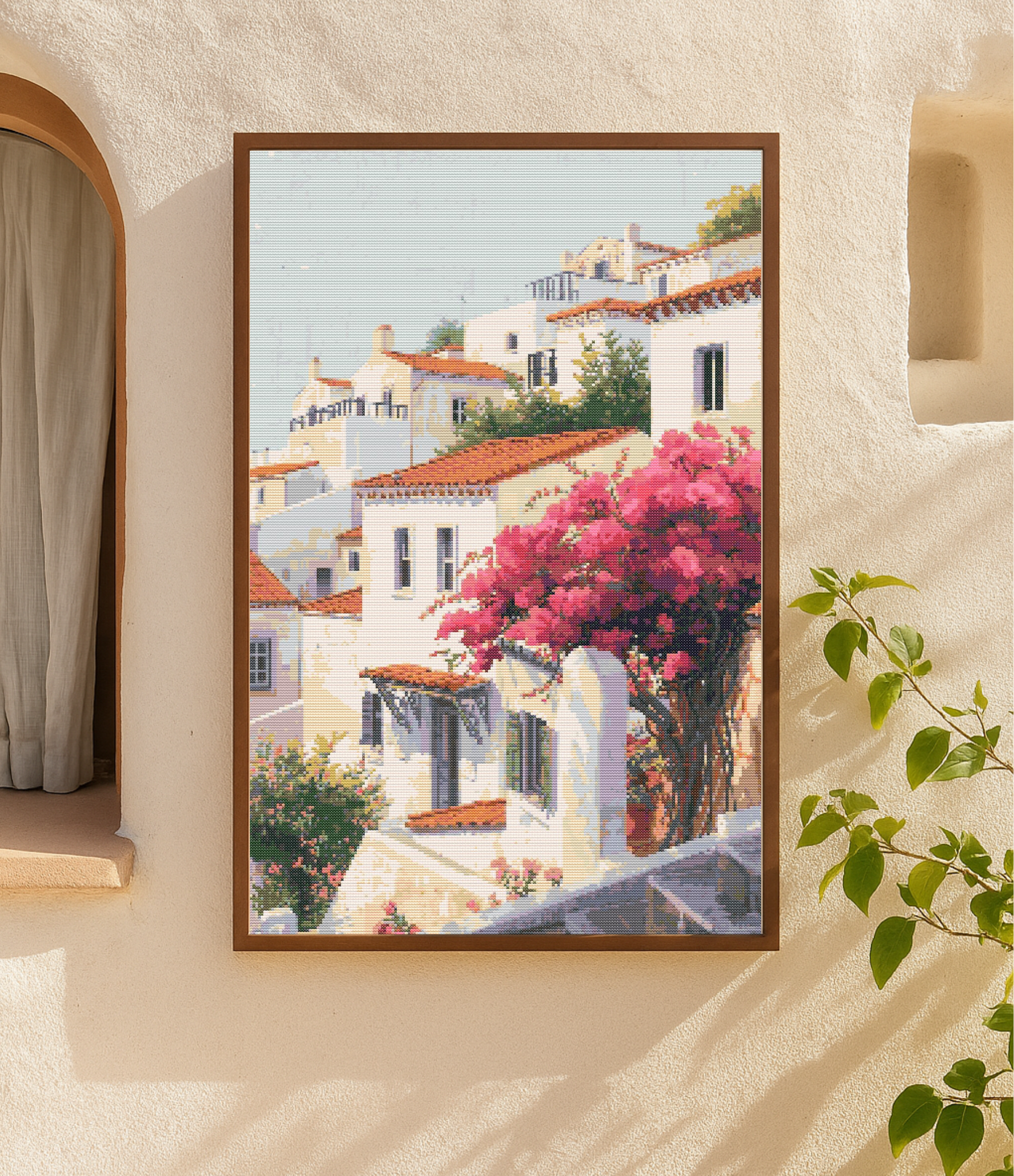 Mediterranean Blooming Houses | Cross-Stitch Pattern (PDF) | Sunlit Seaside Homes & Bougainvillea in Full Bloom – Inspired by the Beauty of the Mediterranean Coast (220 × 293 Stitches) | with DMC & Anchor Floss Key