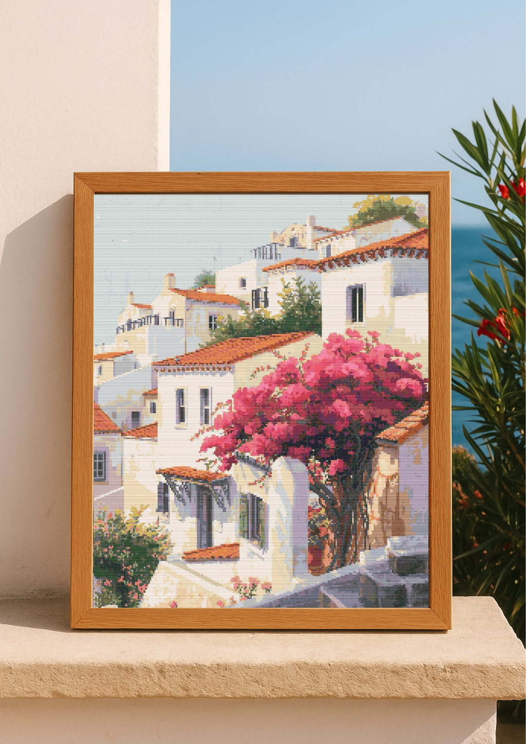 Mediterranean Blooming Houses | Cross-Stitch Pattern (PDF) | Sunlit Seaside Homes & Bougainvillea in Full Bloom – Inspired by the Beauty of the Mediterranean Coast (220 × 293 Stitches) | with DMC & Anchor Floss Key