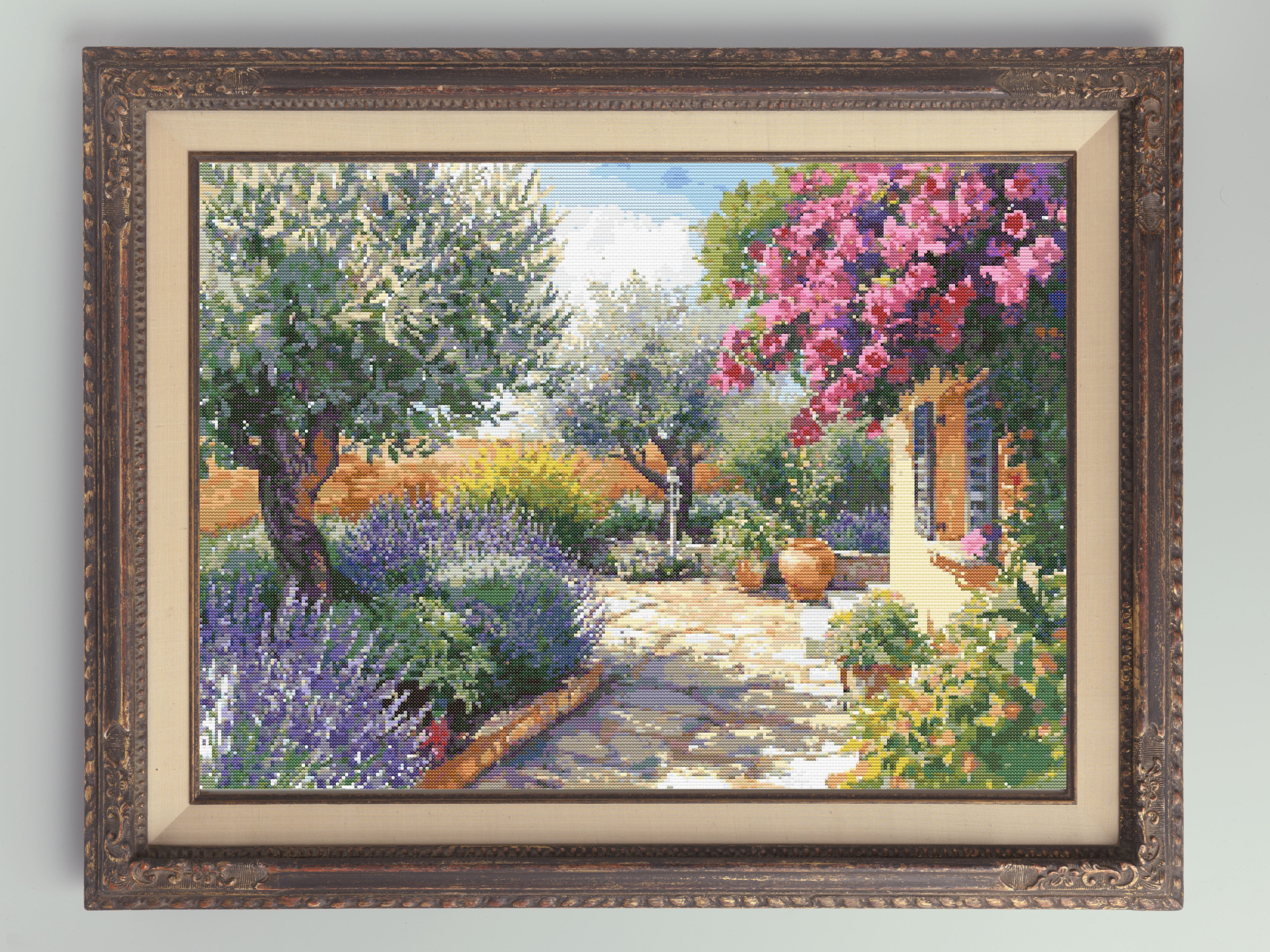 Mediterranean Garden Bliss | Cross-Stitch Pattern (PDF) | Sunlit Villa Courtyard with Lavender, Olive Trees & Bougainvillea | 280 × 210 Stitches | DMC & Anchor Floss Key