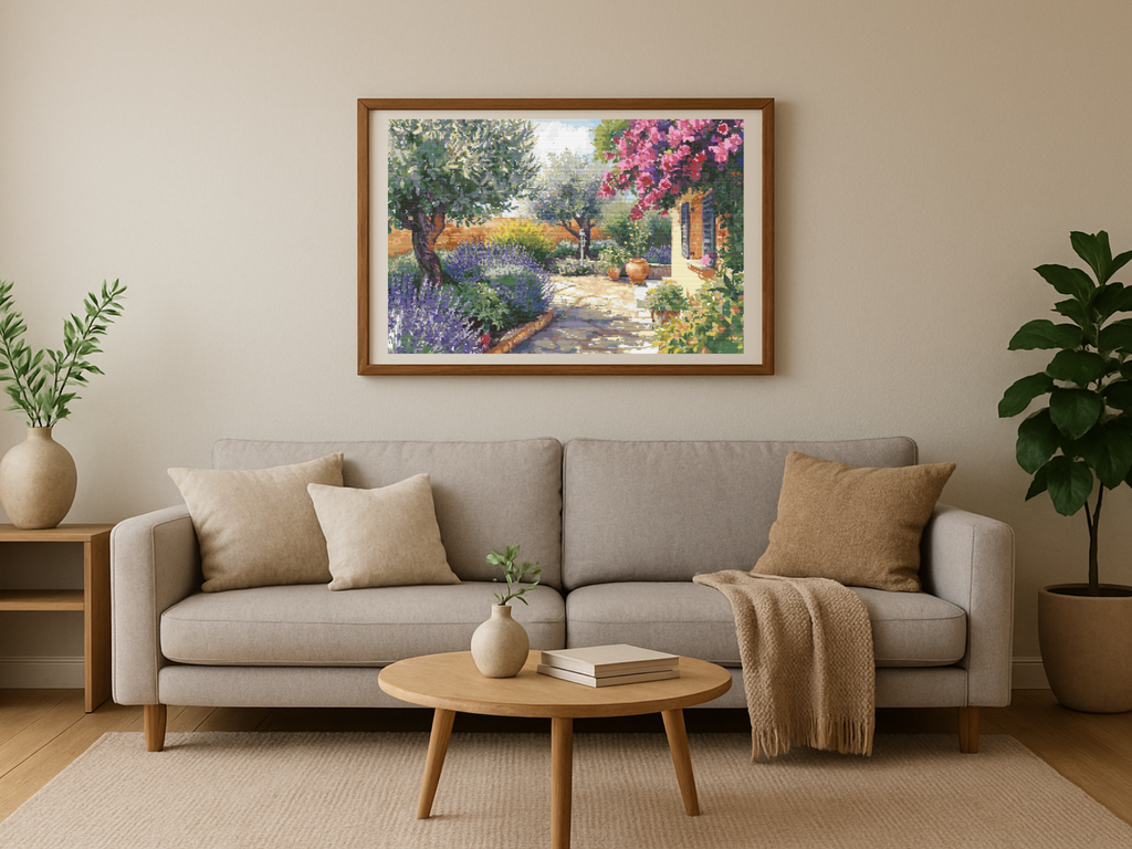 Mediterranean Garden Bliss | Cross-Stitch Pattern (PDF) | Sunlit Villa Courtyard with Lavender, Olive Trees & Bougainvillea | 280 × 210 Stitches | DMC & Anchor Floss Key