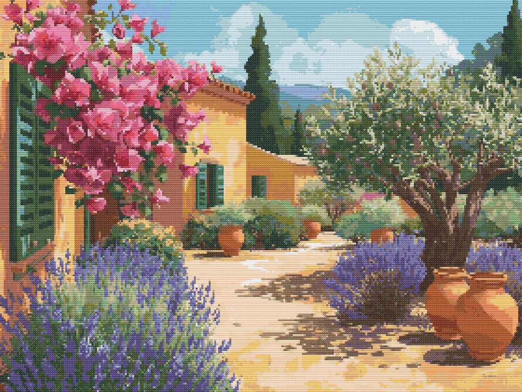 Mediterranean Garden Escape | Cross-Stitch Pattern (PDF) | Sunlit Courtyard with Lavender, Olive Tree & Bougainvillea | 280 × 210 Stitches | DMC & Anchor Floss Key