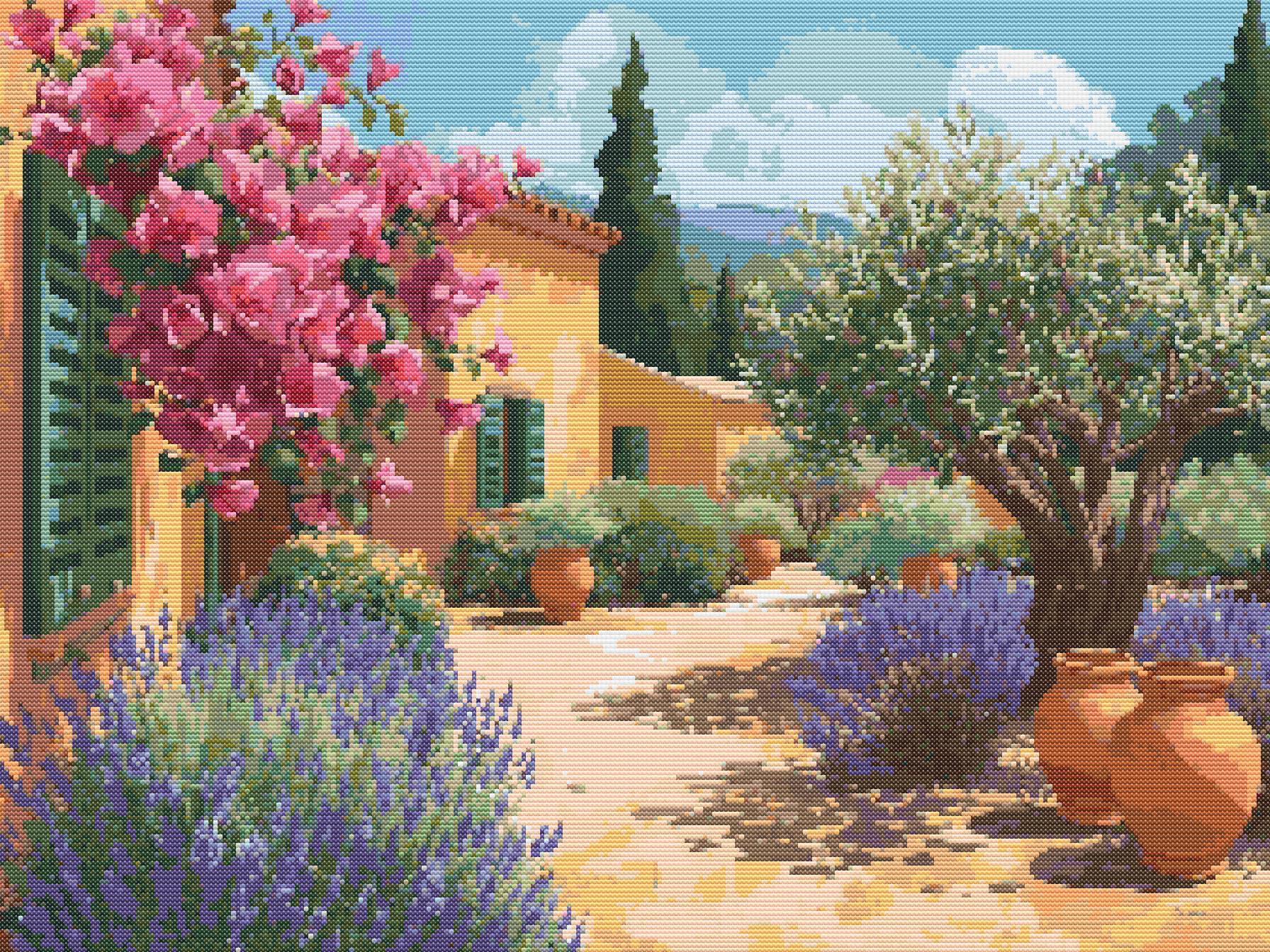 Mediterranean Garden Escape | Cross-Stitch Pattern (PDF) | Sunlit Courtyard with Lavender, Olive Tree & Bougainvillea | 280 × 210 Stitches | DMC & Anchor Floss Key