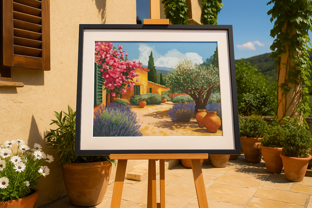 Mediterranean Garden Escape | Cross-Stitch Pattern (PDF) | Sunlit Courtyard with Lavender, Olive Tree & Bougainvillea | 280 × 210 Stitches | DMC & Anchor Floss Key