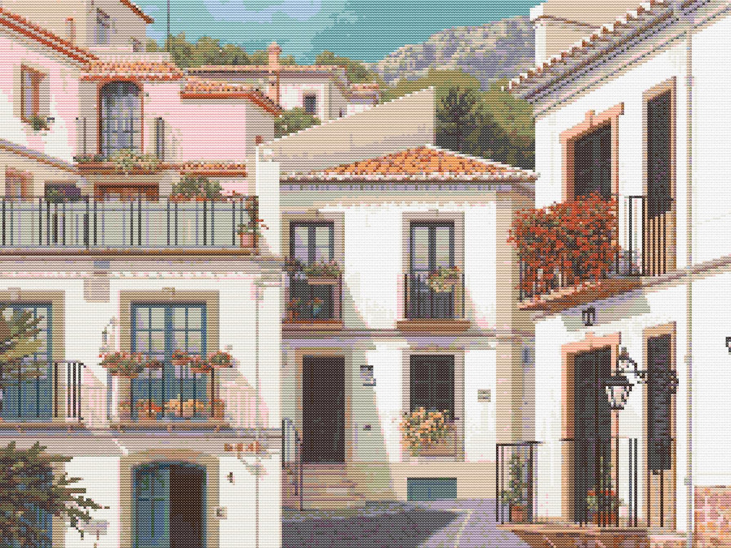 Mediterranean Harmony | Cross-Stitch Pattern (PDF) | Sunlit Village Scene – Inspired by the Charm of Altea (280 × 210 Stitches) | with DMC & Anchor Floss Key