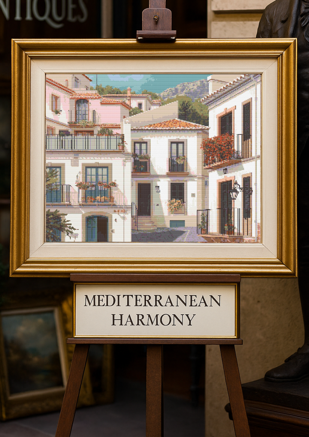 Mediterranean Harmony | Cross-Stitch Pattern (PDF) | Sunlit Village Scene – Inspired by the Charm of Altea (280 × 210 Stitches) | with DMC & Anchor Floss Key