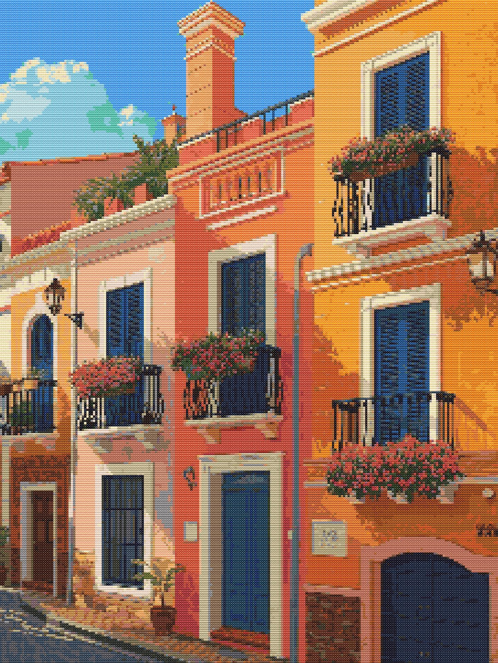 Mediterranean Street Charm | Cross-Stitch Pattern (PDF) | Sunlit Coastal Lane Scene – Inspired by the Spirit of the Mediterranean (225 × 300 Stitches) | with DMC & Anchor Floss Key