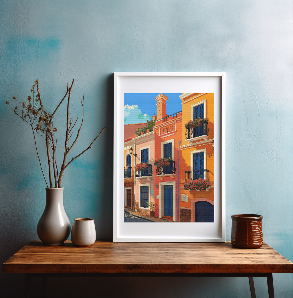 Mediterranean Street Charm | Cross-Stitch Pattern (PDF) | Sunlit Coastal Lane Scene – Inspired by the Spirit of the Mediterranean (225 × 300 Stitches) | with DMC & Anchor Floss Key