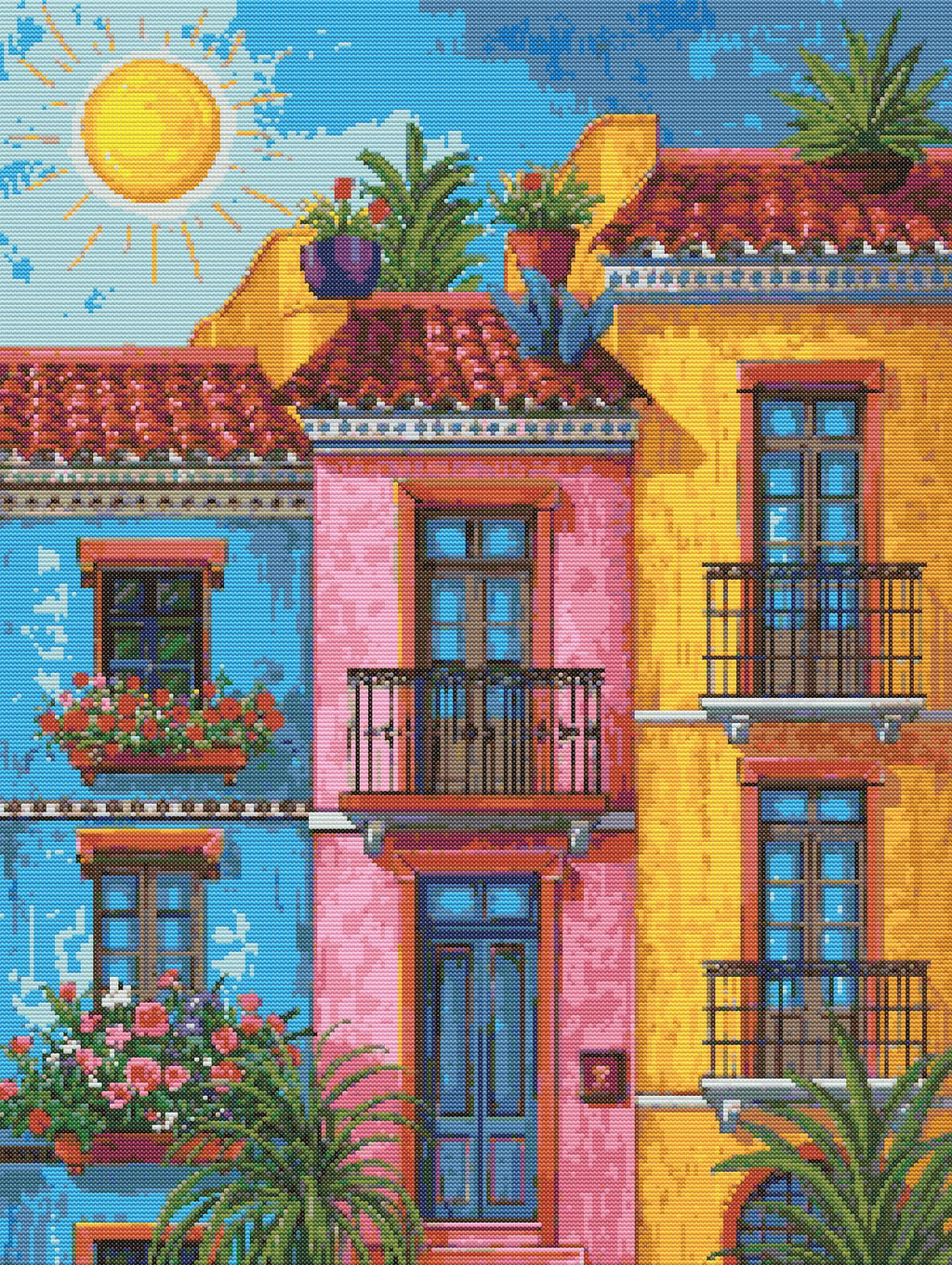 Mediterranean Sunlight | Cross-Stitch Pattern (PDF) | Colorful Mediterranean Village Scene (225 x 299 Stitches) | with DMC & Anchor Floss Key