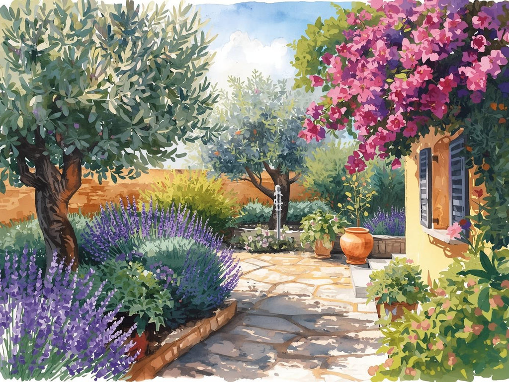 Mediterranean Garden Bliss | Cross-Stitch Pattern (PDF) | Sunlit Villa Courtyard with Lavender, Olive Trees & Bougainvillea | 280 × 210 Stitches | DMC & Anchor Floss Key