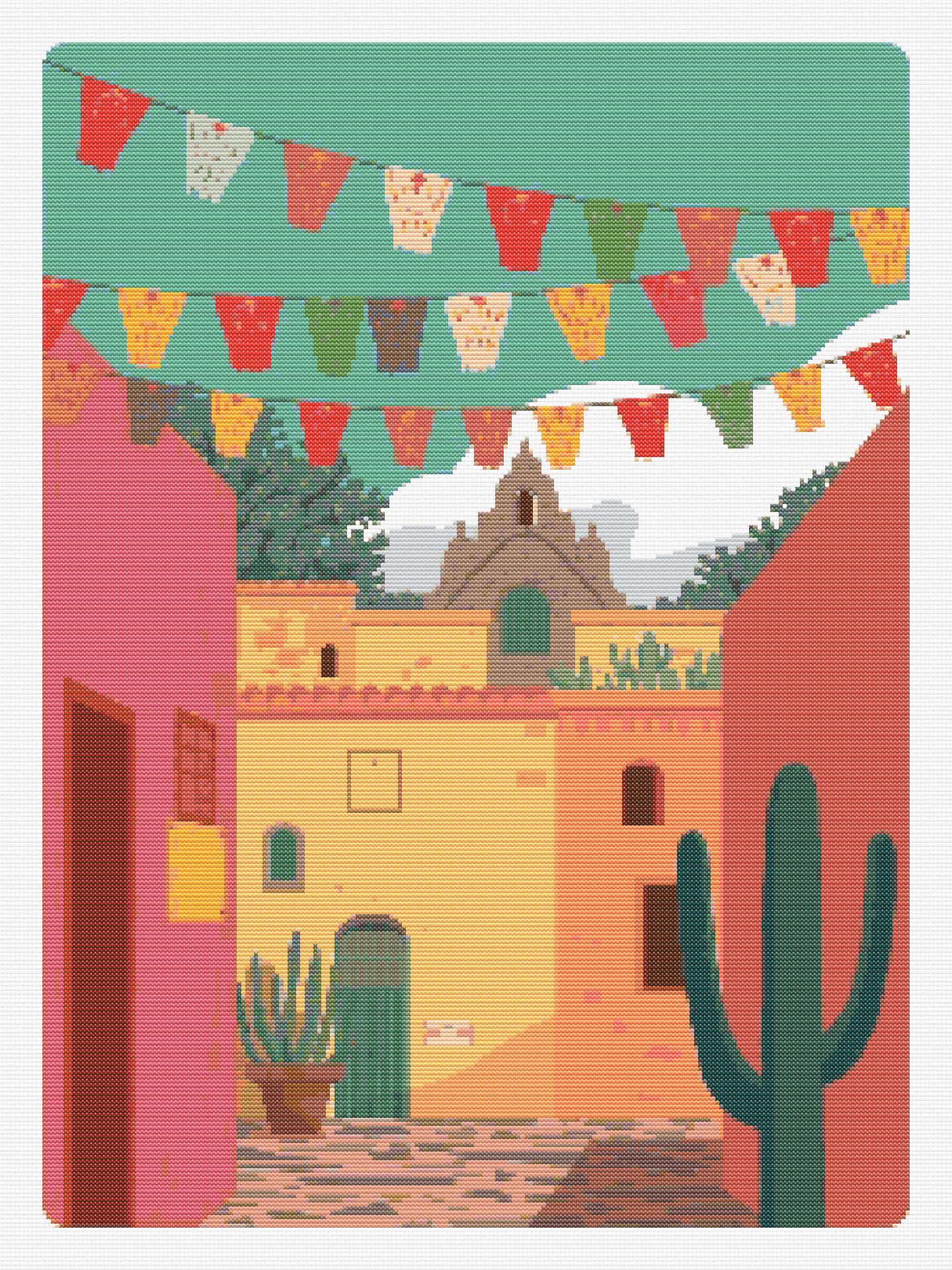 Mexican Courtyard Charm | Cross-Stitch Pattern (PDF) | Sunlit Pueblo Scene with Papel Picado, Terracotta Walls & Cacti | 225 × 300 Stitches | DMC & Anchor Floss Key