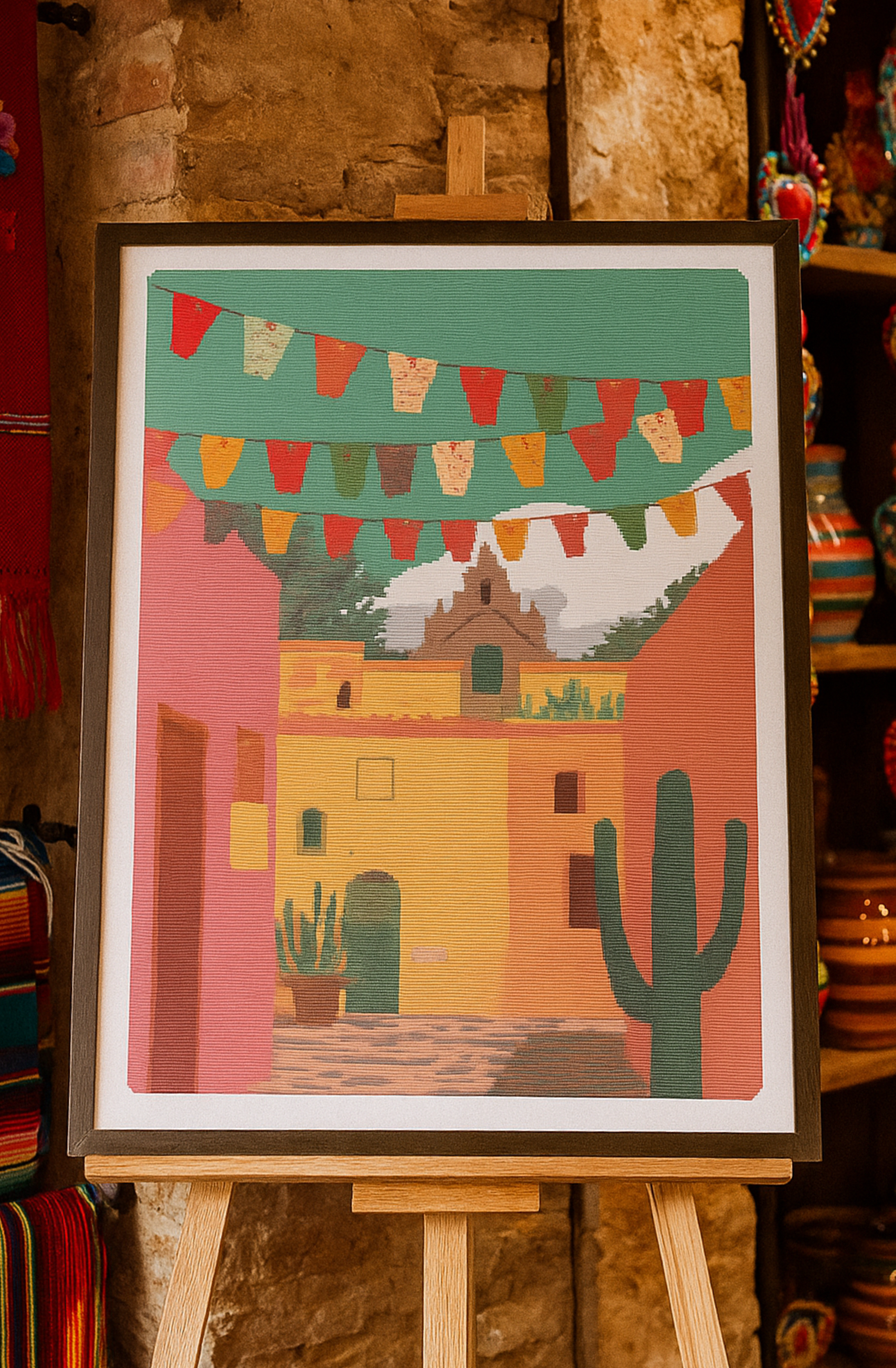 Mexican Courtyard Charm | Cross-Stitch Pattern (PDF) | Sunlit Pueblo Scene with Papel Picado, Terracotta Walls & Cacti | 225 × 300 Stitches | DMC & Anchor Floss Key