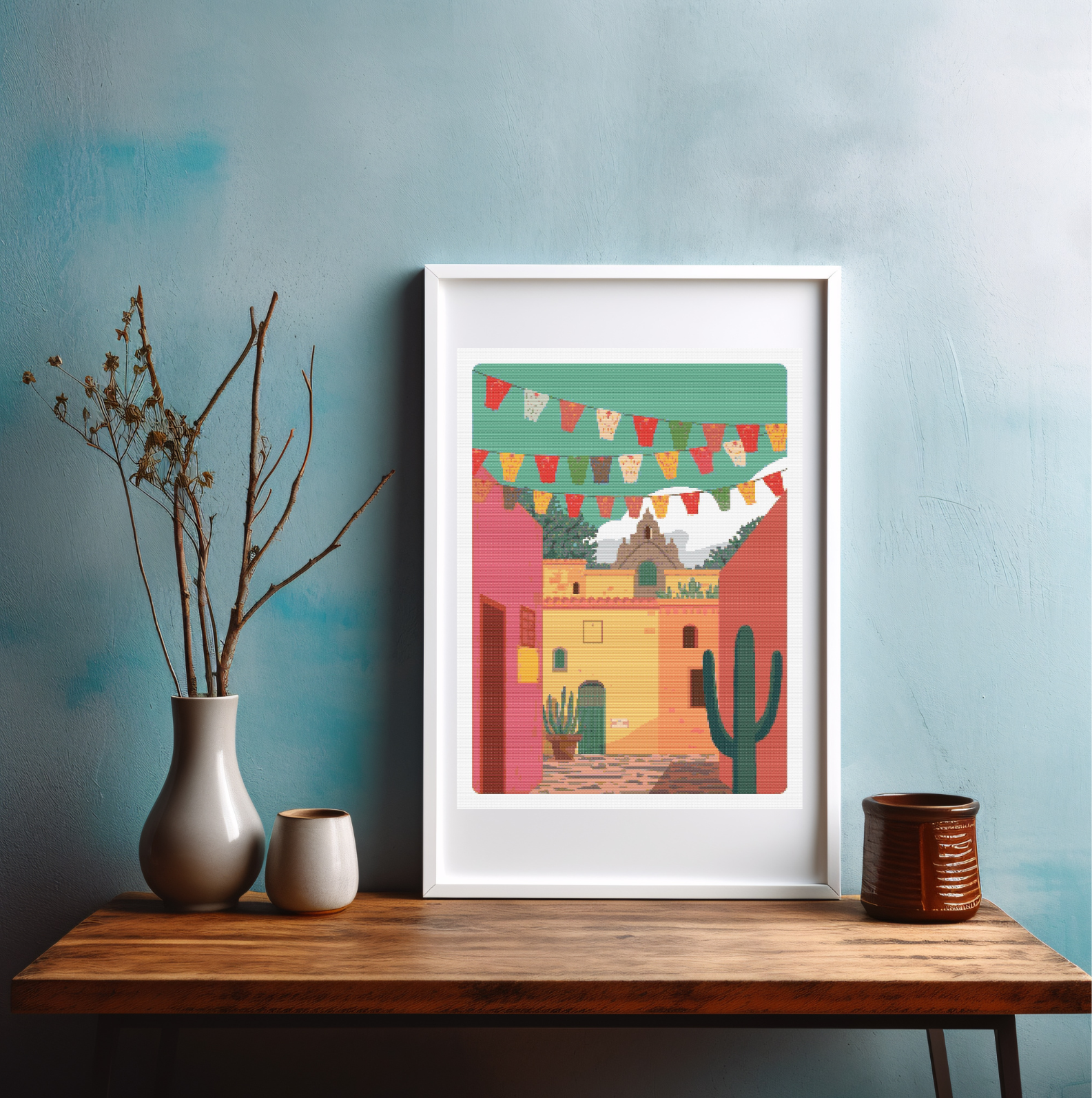 Mexican Courtyard Charm | Cross-Stitch Pattern (PDF) | Sunlit Pueblo Scene with Papel Picado, Terracotta Walls & Cacti | 225 × 300 Stitches | DMC & Anchor Floss Key