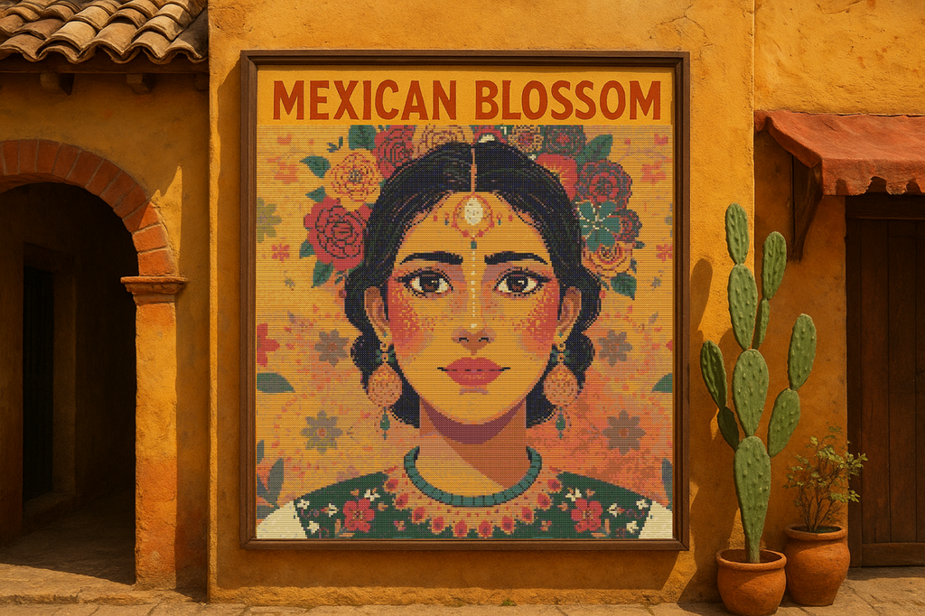 Mexican Blossom | Cross-Stitch Pattern (PDF) | Vibrant Portrait of Mexican Beauty with Floral Elegance – Inspired by the Colors & Culture of Mexico (280 × 210 Stitches) | with DMC & Anchor Floss Key