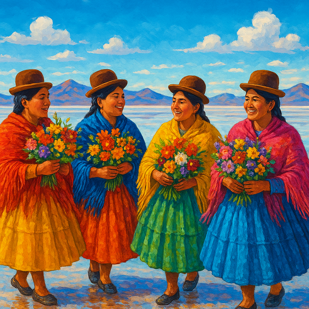 Joy of the Altiplano | Cross-Stitch Pattern (PDF) | Aymara Women with Flowers on the Bolivian Salt Flats (290 × 290 Stitches) | with DMC & Anchor Floss Key