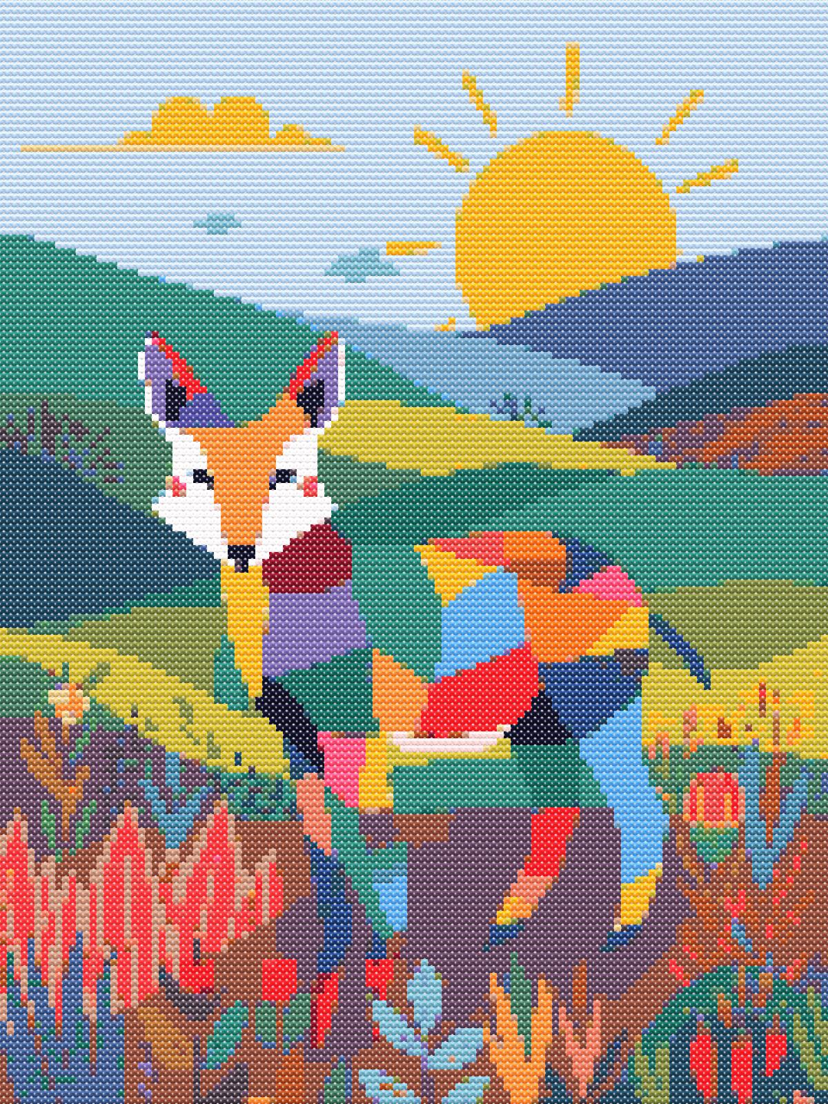 Playful Patchwork Fox | Cross-Stitch Pattern PDF | Cute Nursery Animal Embroidery | Patchwork Pals Series | 120×160 Stitches | DMC & Anchor Floss Key