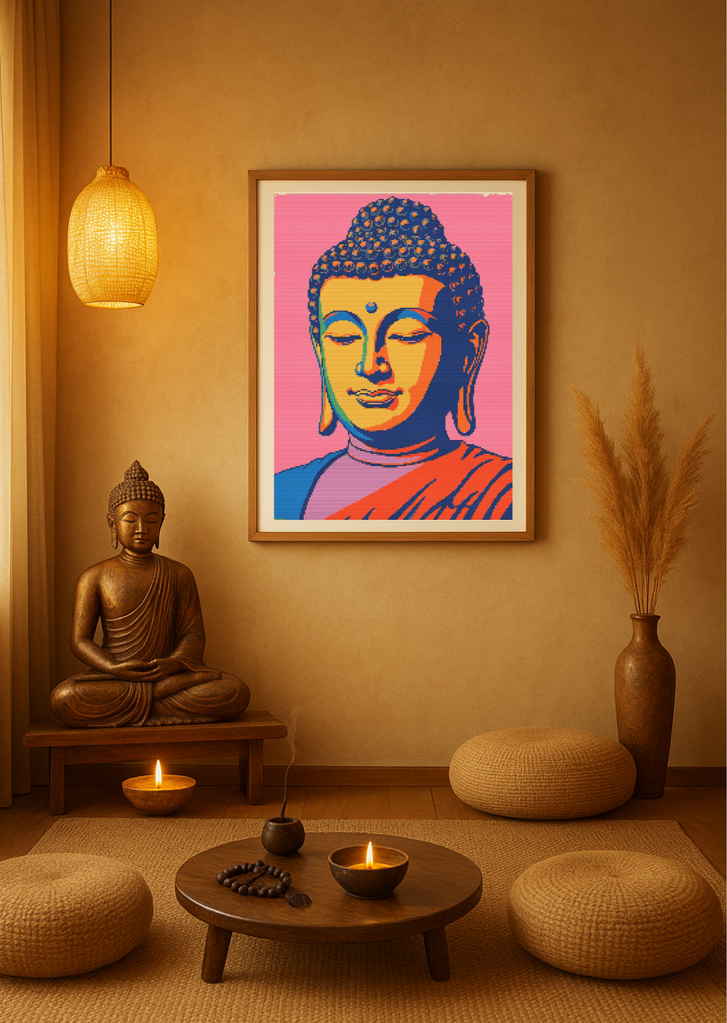Pop Serenity | Cross-Stitch Pattern (PDF) | Modern Buddha in Color & Calm (180 × 239 Stitches) | with DMC & Anchor Floss Key