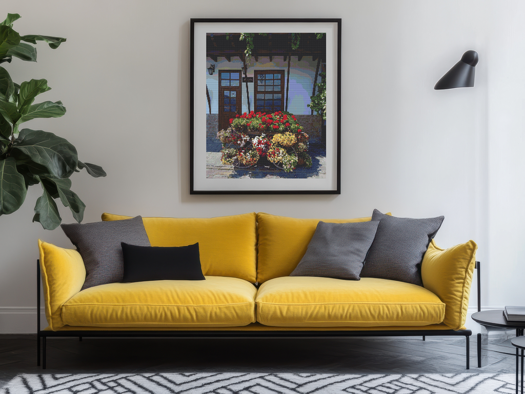 Colors of Bulgaria – Blooming Wagon, Veliko Tarnovo | Cross-Stitch Pattern | Floral Rustic Wagon Embroidery Design (226 x 300 Stitches) | DMC and ANCHOR conversion included