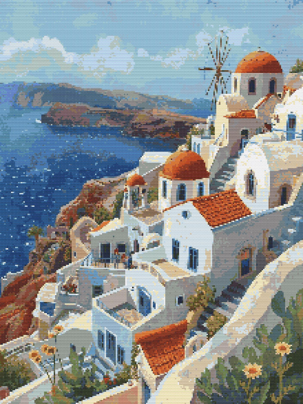 Santorini Serenity | Cross-Stitch Pattern (PDF) | Cliffside Whitewashed Homes & Aegean Sea View – Inspired by the Beauty of Santorini (220 × 293 Stitches) | with DMC & Anchor Floss Key